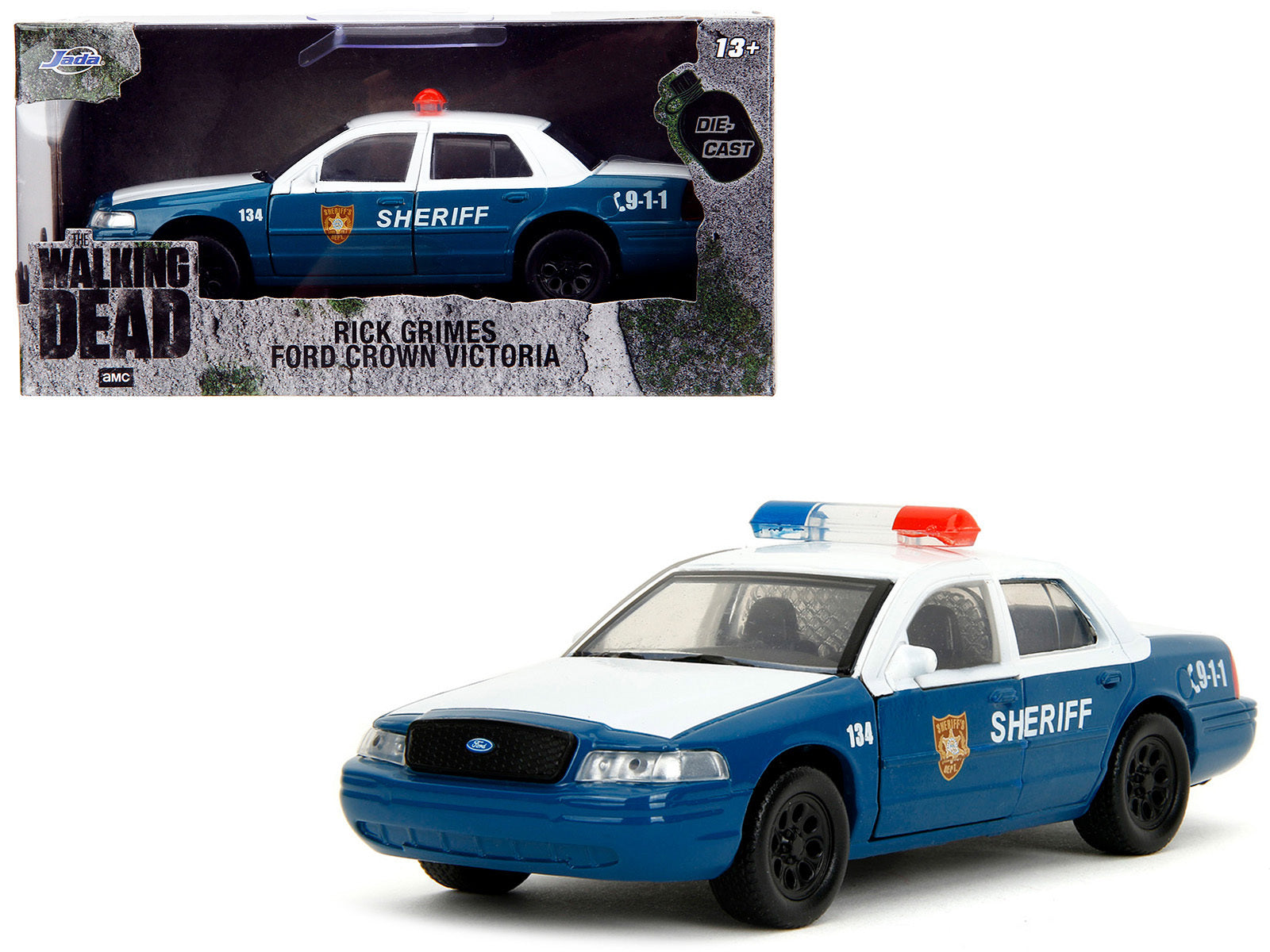 Rick Grimes' Ford Crown Victoria "Sheriff" Blue and White "The Walking Dead" (2010-2022) TV Series "Hollywood Rides" Series 1/32 Diecast Model Car by Jada Jada