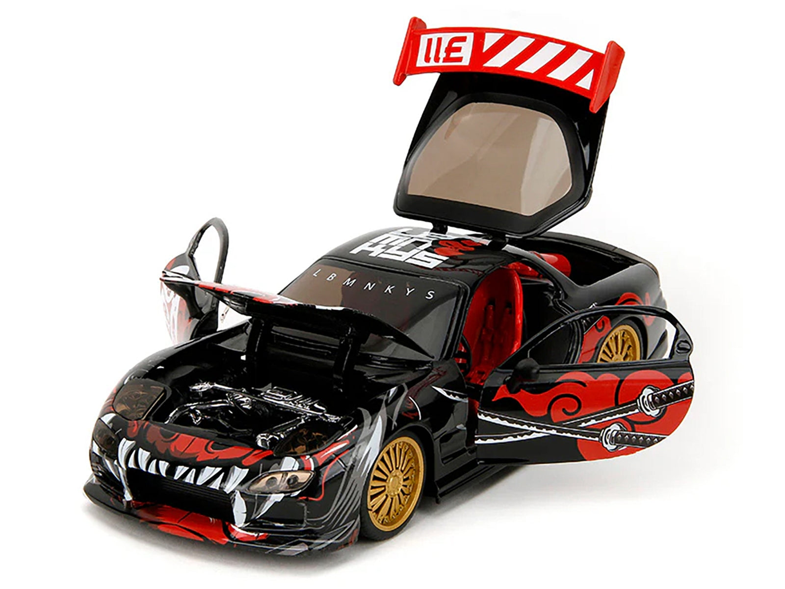 1993 Mazda RX-7 Black with Graphics "Lab Monkeys" with Saru Diecast Figure "Hollywood Rides" Series 1/24 Diecast Model Car by Jada Jada