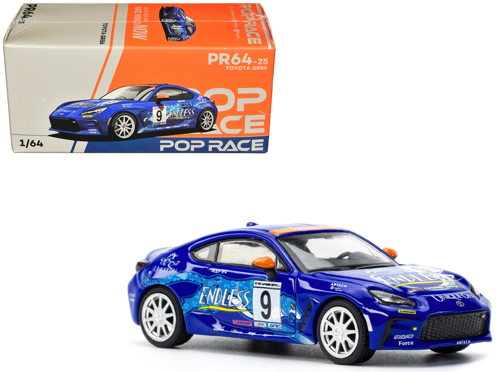 Toyota GR86 #9 "Endless" Blue with Graphics 1/64 Diecast Model Car by Pop Race Pop Race