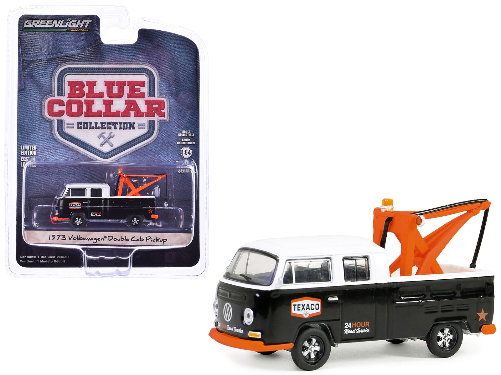 1973 Volkswagen Double Cab Tow Truck Black and White "Texaco 24 Hour Road Service" "Blue Collar Collection" Series 13 1/64 Diecast Model Car by Greenlight Greenlight