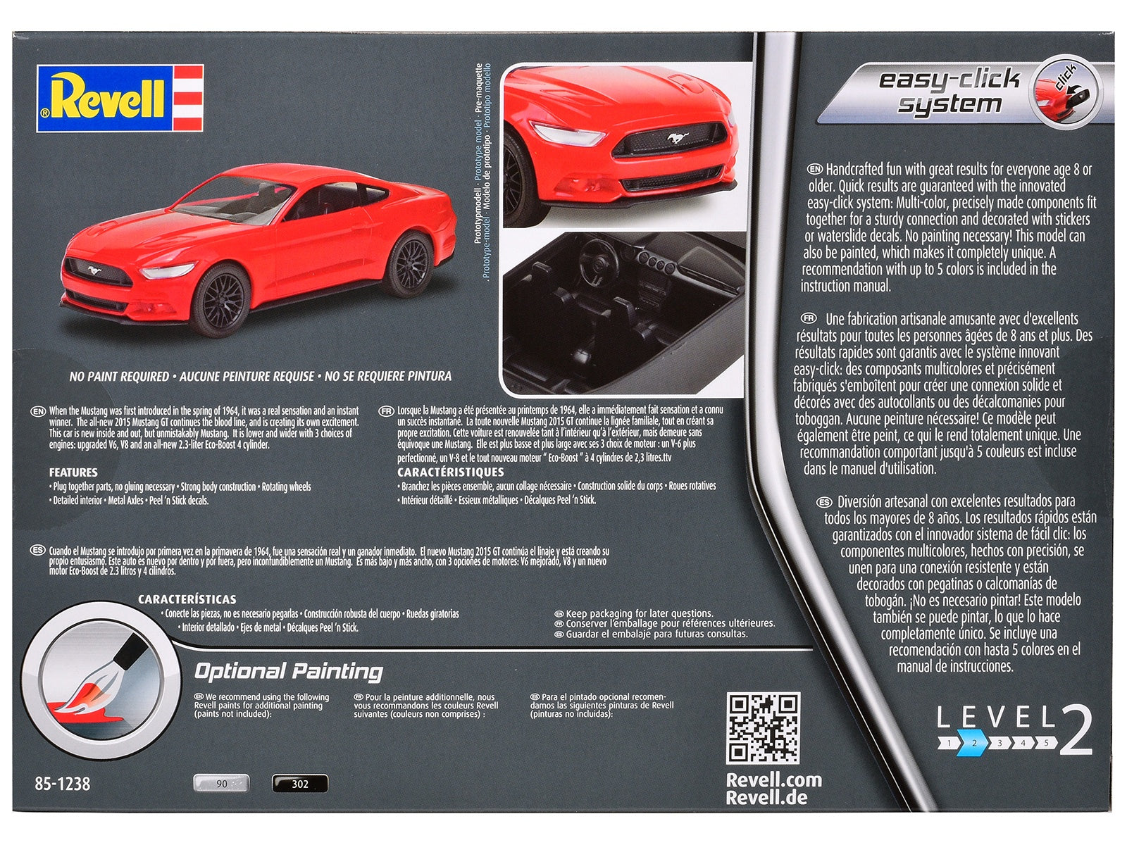 Level 2 Easy-Click Model Kit 2015 Ford Mustang GT 1/25 Scale Model by Revell Revell