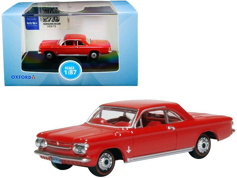 1963 Chevrolet Corvair Coupe Riverside Red with Red Interior 1/87 (HO) Scale Diecast Model Car by Oxford Diecast Oxford Diecast