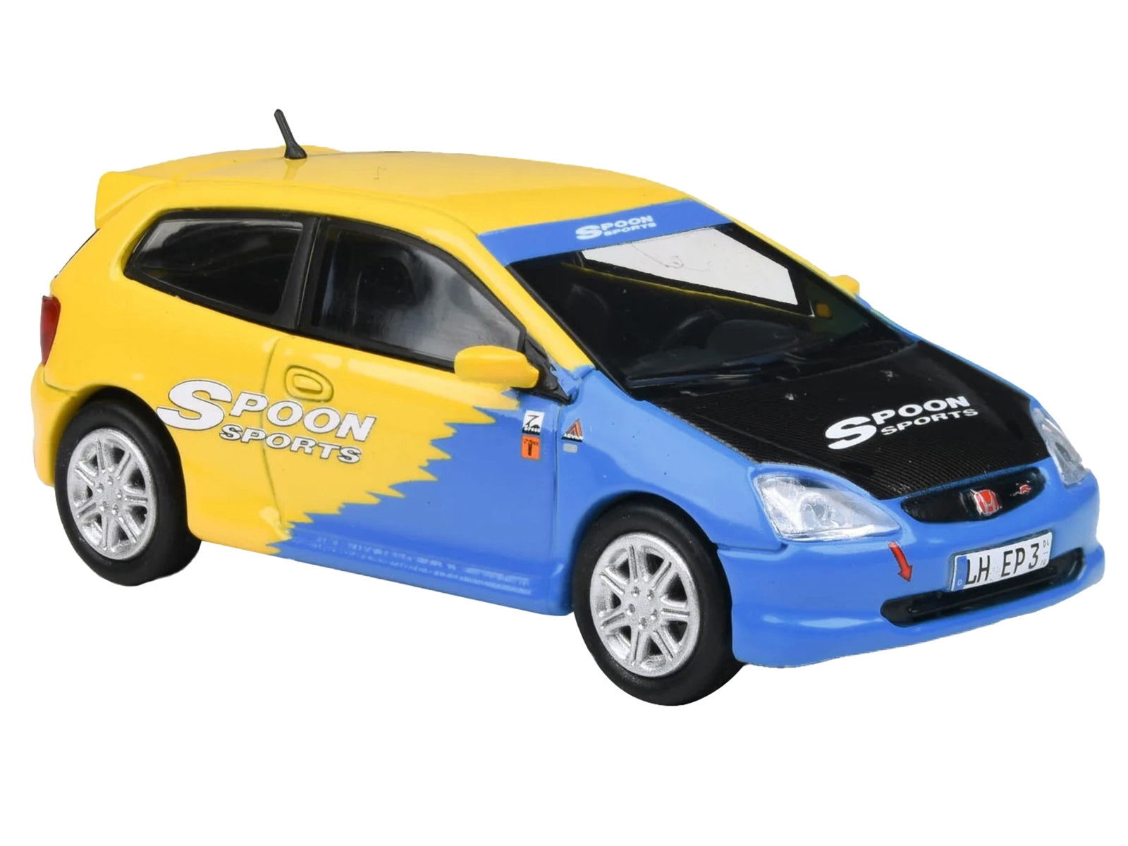 2001 Honda Civic Type R EP3 Blue and Yellow with Black Hood "Spoon Sports" 1/64 Diecast Model Car by Paragon Models Paragon