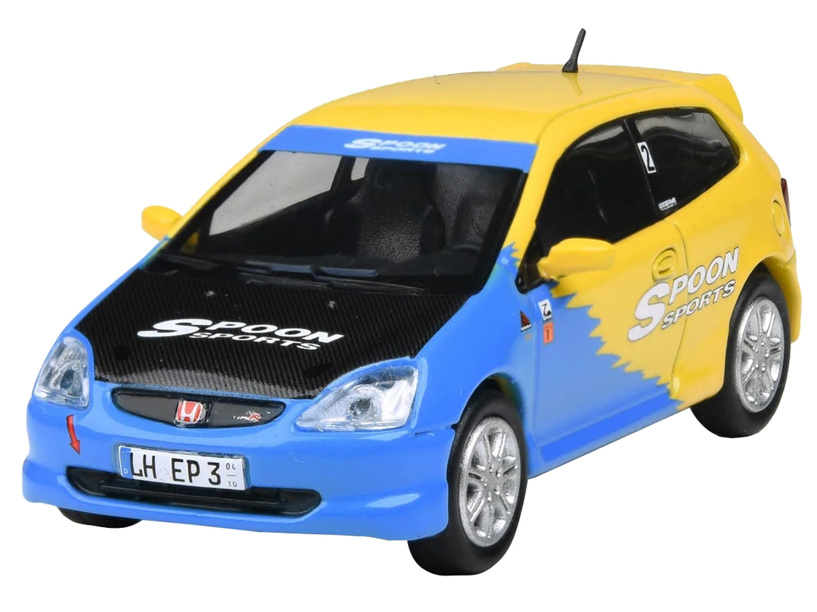 2001 Honda Civic Type R EP3 Blue and Yellow with Black Hood "Spoon Sports" 1/64 Diecast Model Car by Paragon Models Paragon