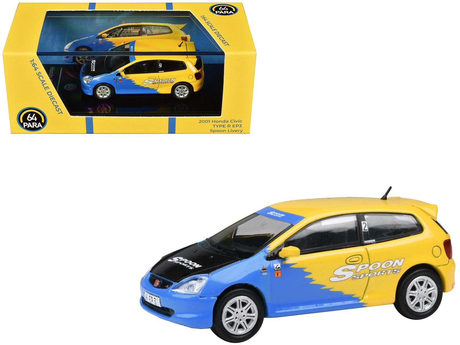 2001 Honda Civic Type R EP3 Blue and Yellow with Black Hood "Spoon Sports" 1/64 Diecast Model Car by Paragon Models Paragon