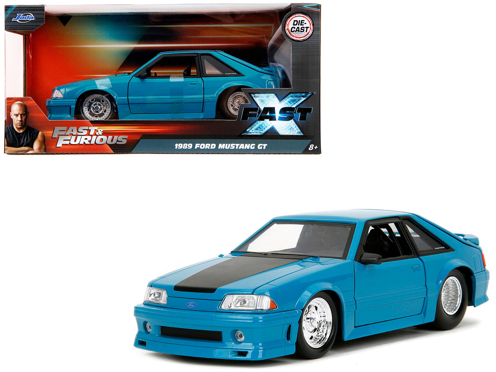 1989 Ford Mustang GT Blue with Black Hood Stripes "Fast & Furious" Series 1/24 Diecast Model Car by Jada Jada