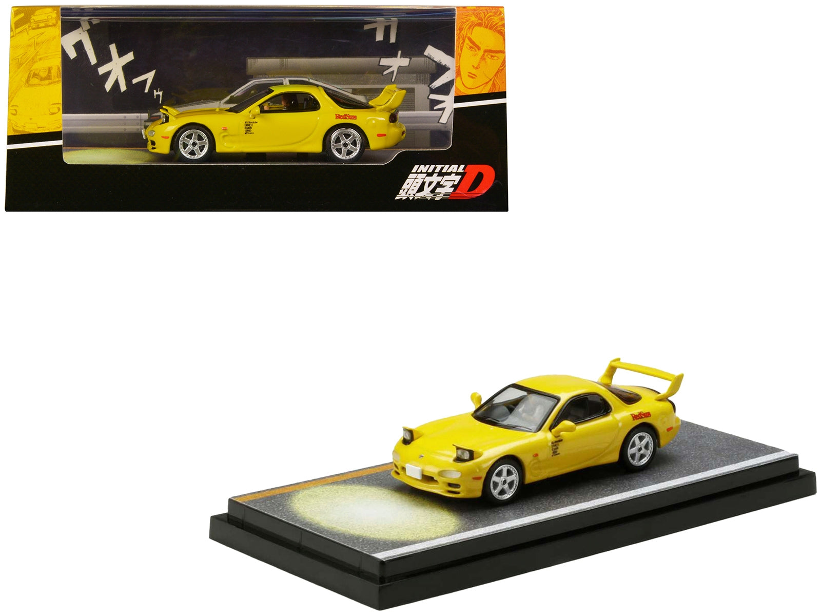 Mazda RX-7 (FD3S) RHD (Right Hand Drive) Yellow "RedSuns" with Keisuke Takahashi Driver Figure (Version 2) "Initial D" (1995-2013) Manga 1/64 Diecast Model Car by Hobby Japan Hobby Japan