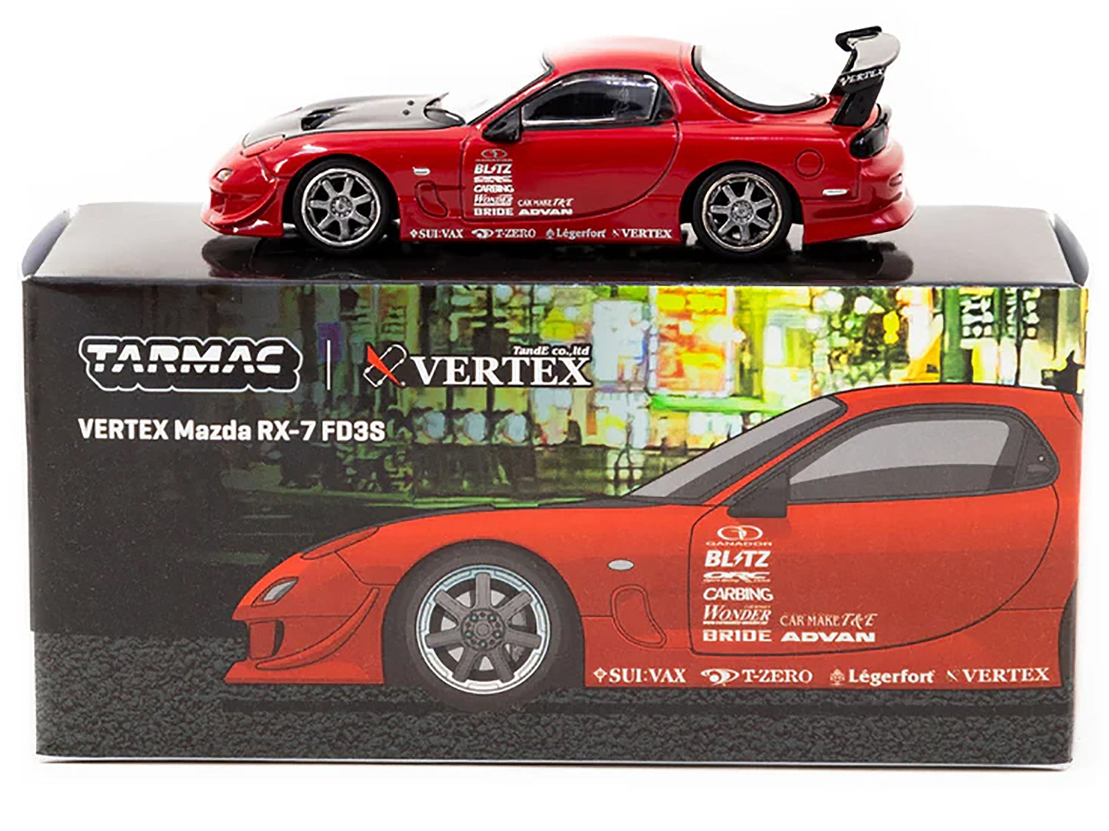 Mazda RX-7 FD3S "VERTEX" RHD (Right Hand Drive) Red with Black Hood "Global64" Series 1/64 Diecast Model Car by Tarmac Works Tarmac Works