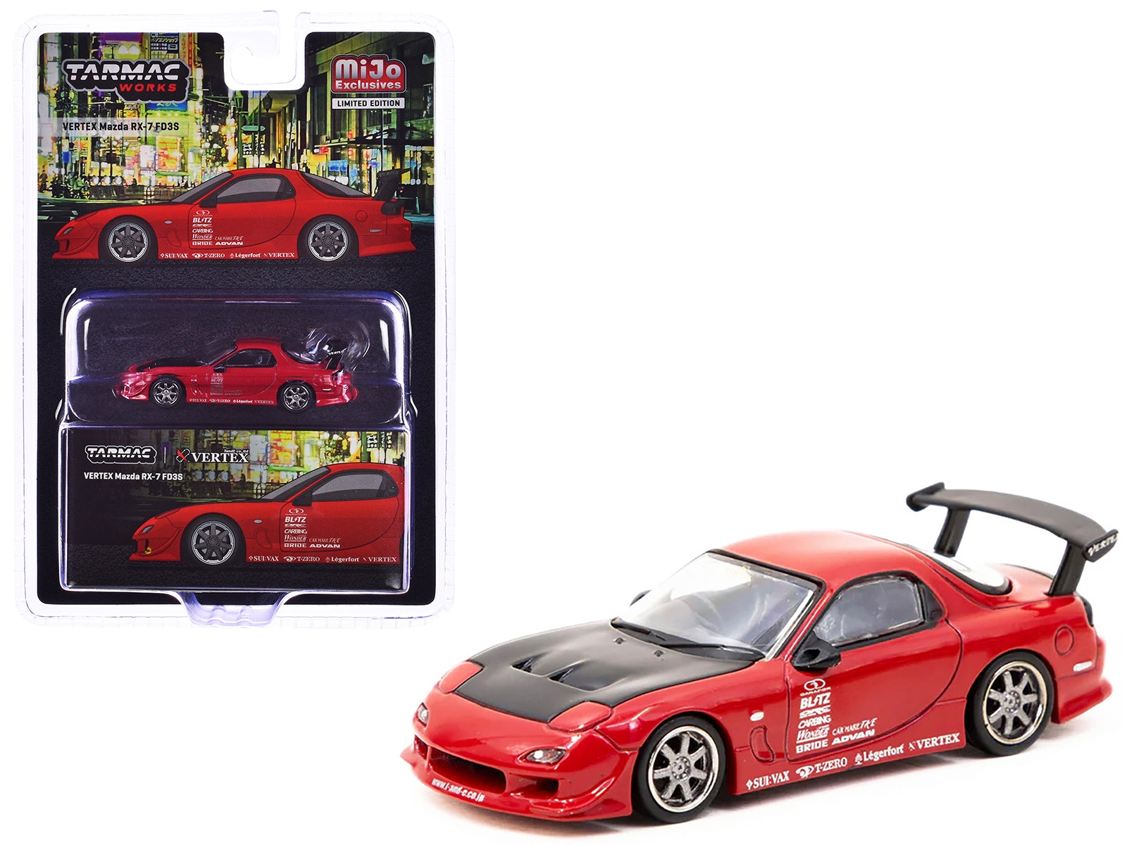 Mazda RX-7 FD3S "VERTEX" RHD (Right Hand Drive) Red with Black Hood "Global64" Series 1/64 Diecast Model Car by Tarmac Works Tarmac Works