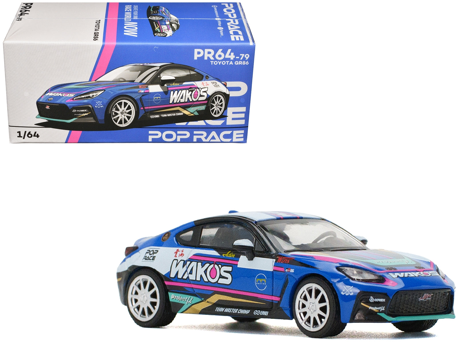 Toyota GR86 "Wako's" Blue with Graphics 1/64 Diecast Model Car by Pop Race Pop Race