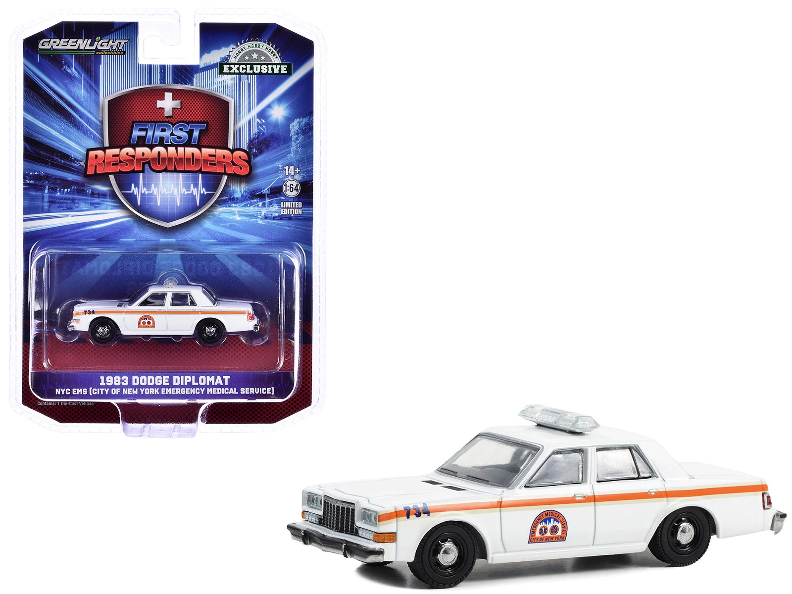 1983 Dodge Diplomat "NYC EMS (City of New York Emergency Medical Service)" White with Orange Stripes "First Responders - Hobby Exclusive" Series 1/64 Diecast Model Car by Greenlight Greenlight