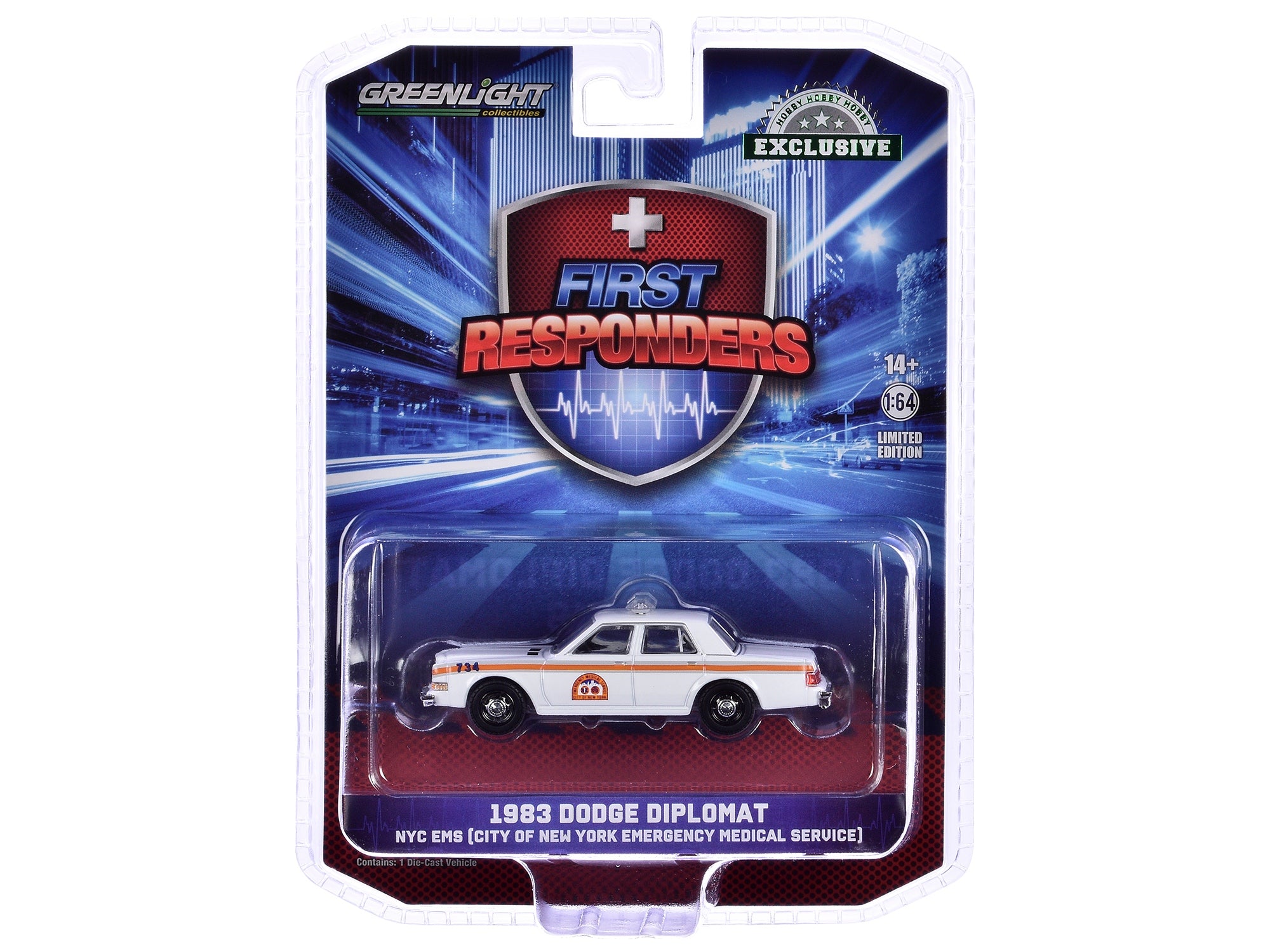 1983 Dodge Diplomat "NYC EMS (City of New York Emergency Medical Service)" White with Orange Stripes "First Responders - Hobby Exclusive" Series 1/64 Diecast Model Car by Greenlight Greenlight