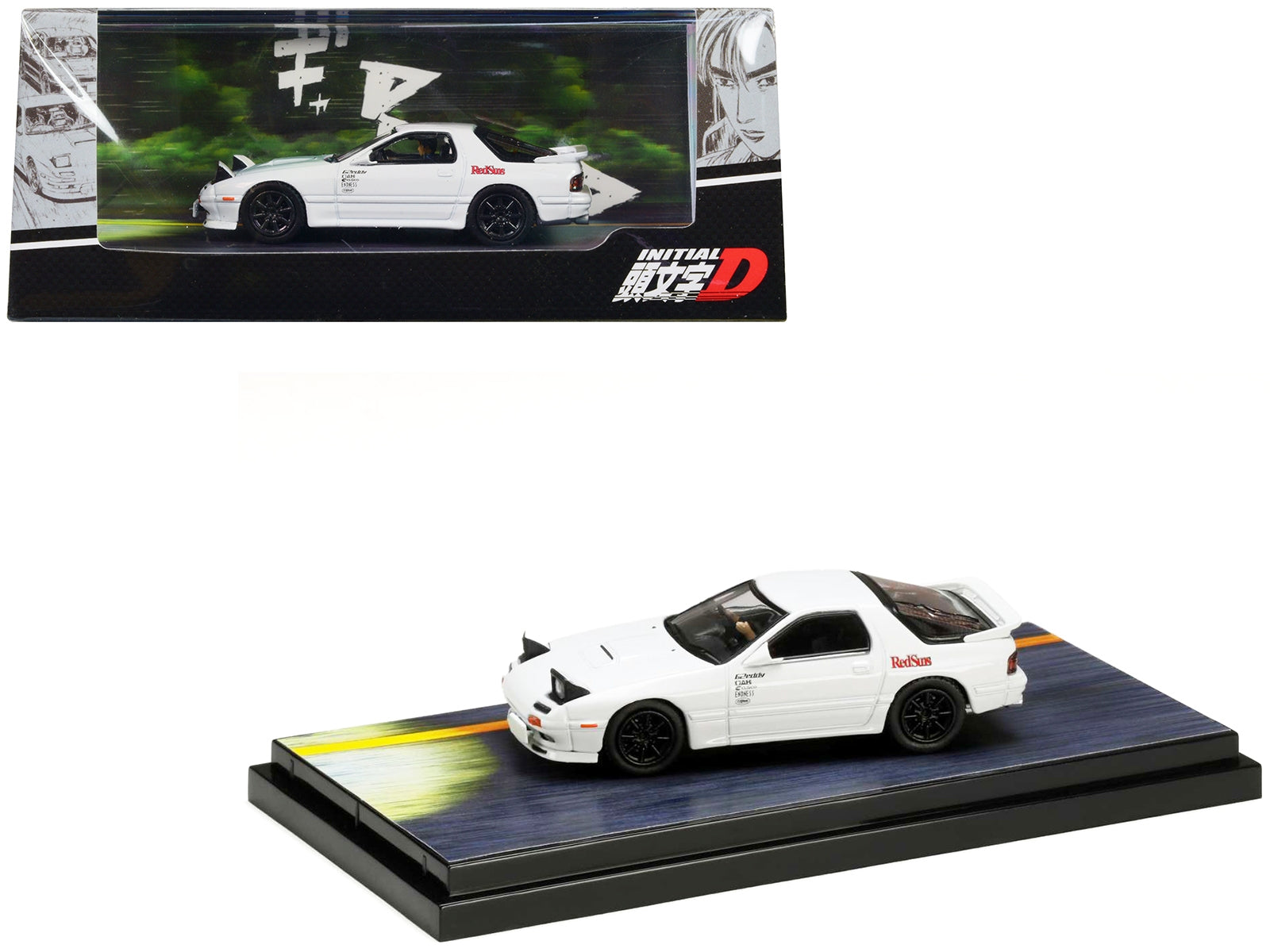 Mazda RX-7 (FC3S) RHD (Right Hand Drive) White "RedSuns" with Ryosuke Takahashi Driver Figure "Initial D" (1995-2013) Manga 1/64 Diecast Model Car by Hobby Japan Hobby Japan