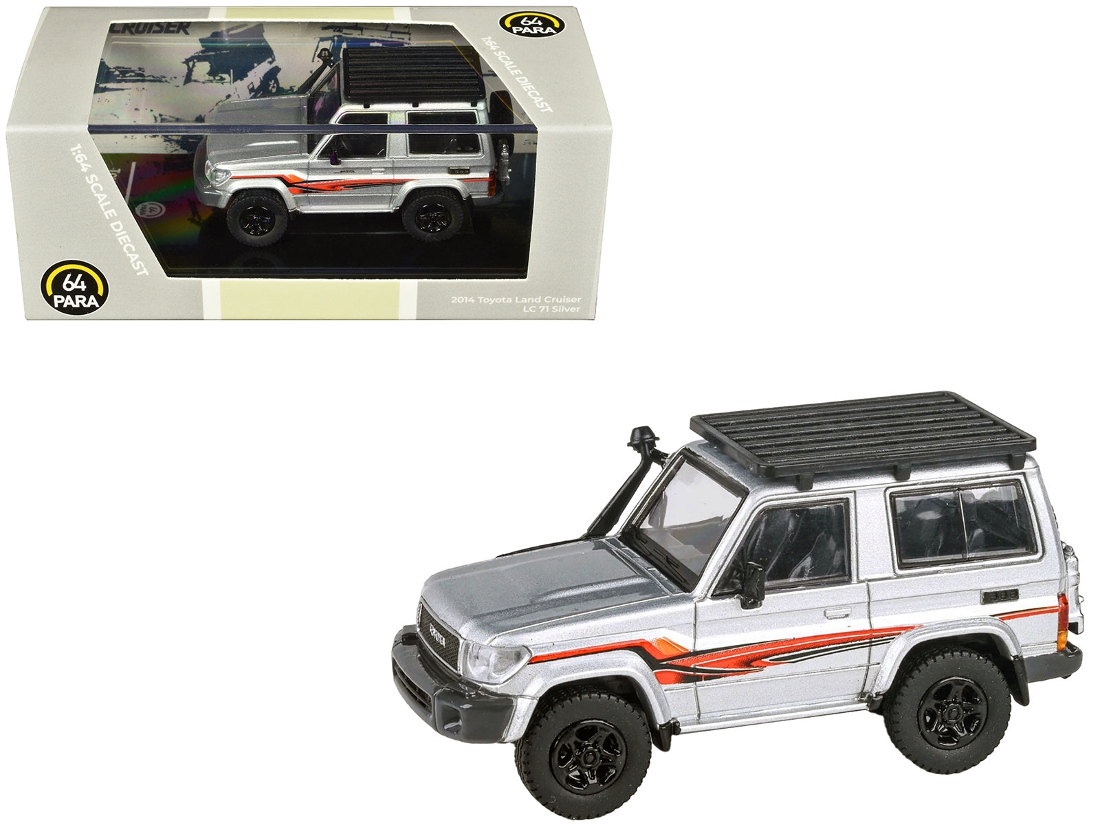 2014 Toyota Land Cruiser LC 71 Silver Metallic with Graphics 1/64 Diecast Model Car by Paragon Models Paragon