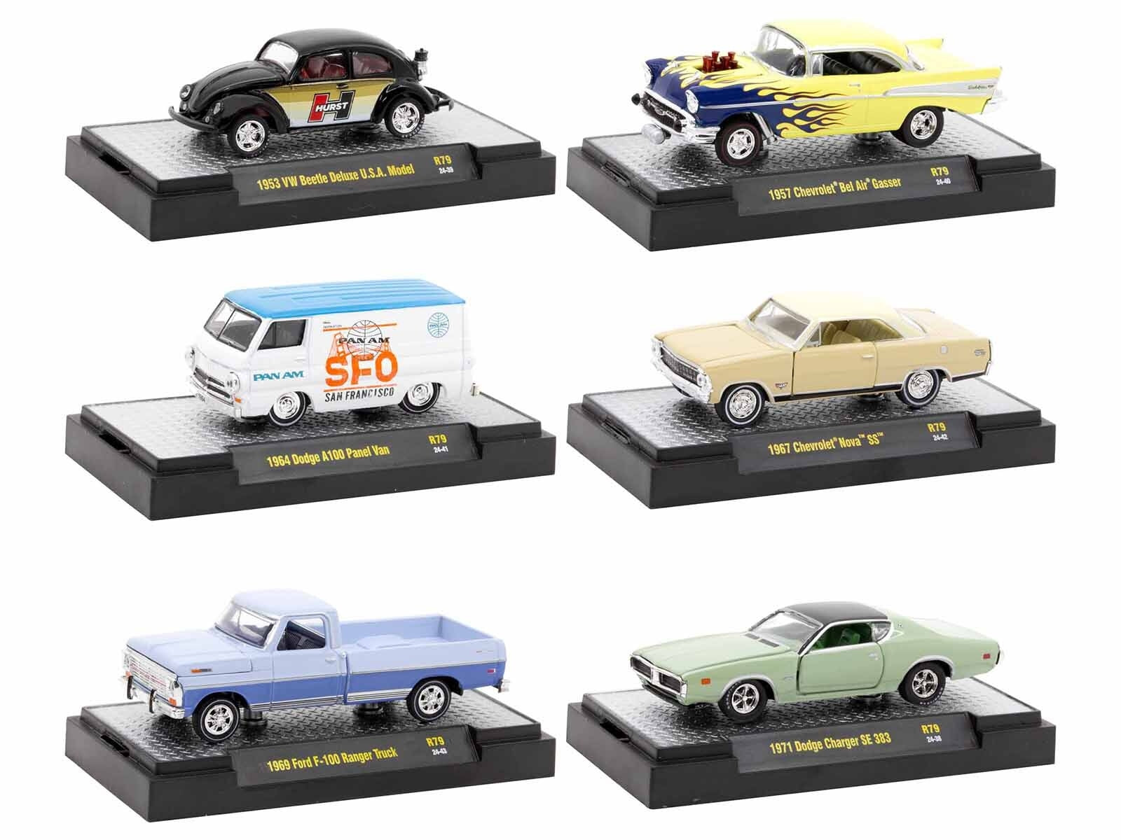 "Auto Meets" Set of 6 Cars IN DISPLAY CASES Release 79 Limited Edition 1/64 Diecast Model Cars by M2 Machines M2