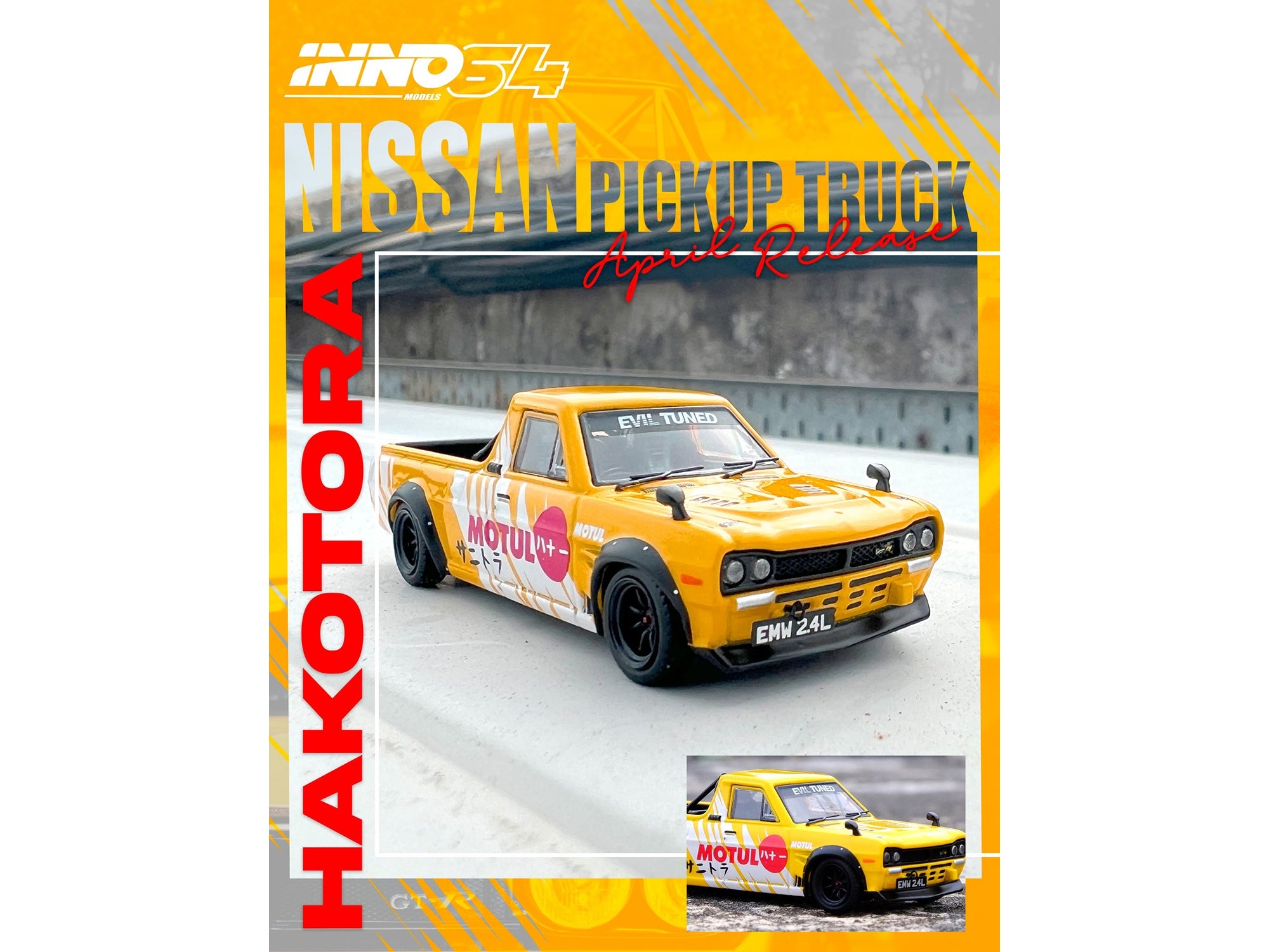 Nissan Sunny "Hakotora" Pickup Truck RHD (Right Hand Drive) "Motul" Yellow with White Stripes 1/64 Diecast Model Car by Inno Models Inno Models