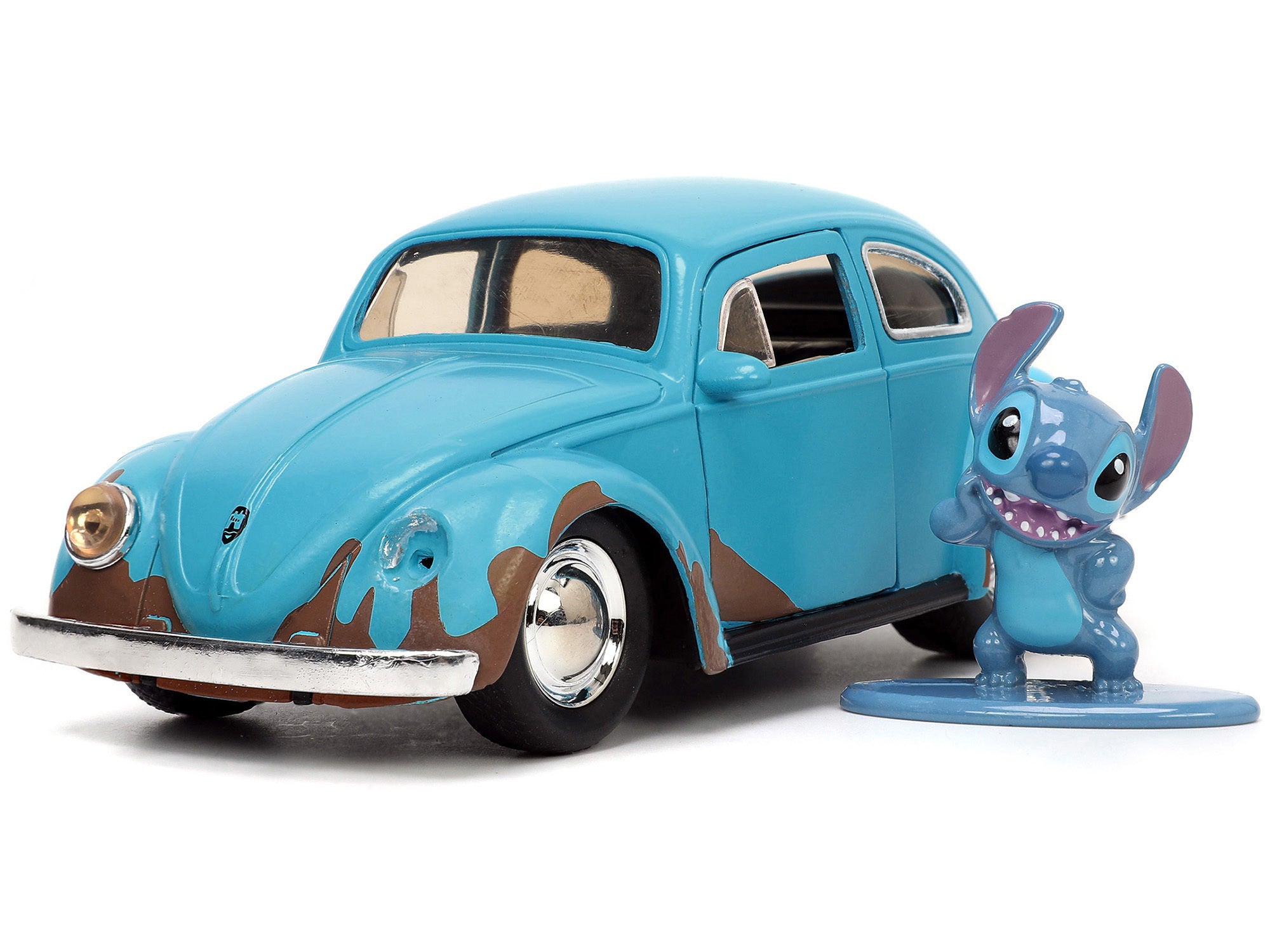 Volkswagen Beetle Matt Blue (Weathered) and Stitch Diecast Figure "Lilo and Stitch" (2002) Movie "Hollywood Rides" Series 1/32 Diecast Model Car by Jada Jada