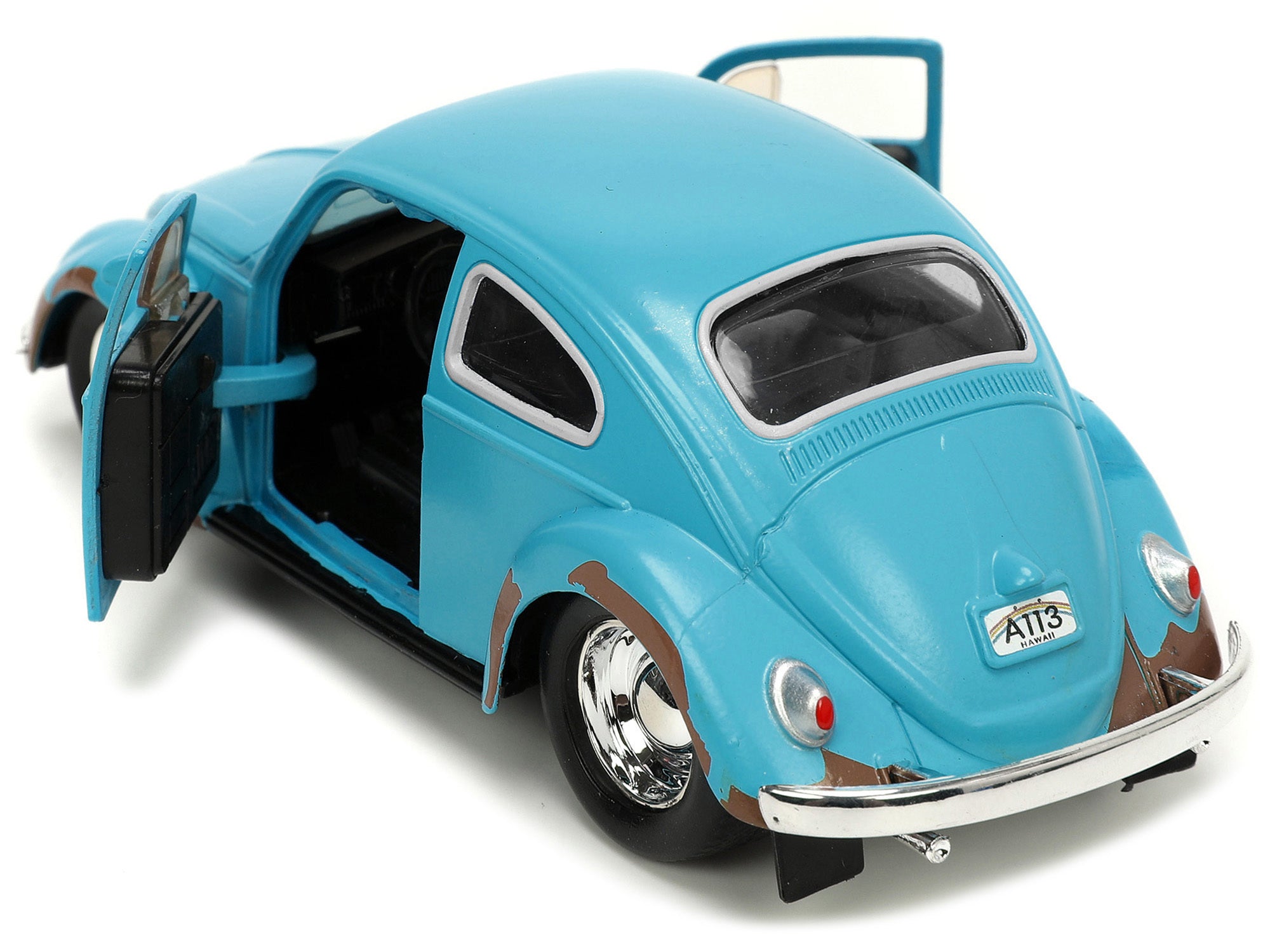 Volkswagen Beetle Matt Blue (Weathered) and Stitch Diecast Figure "Lilo and Stitch" (2002) Movie "Hollywood Rides" Series 1/32 Diecast Model Car by Jada Jada