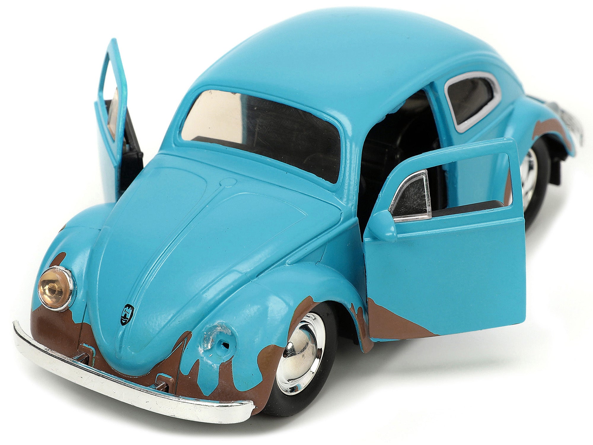 Volkswagen Beetle Matt Blue (Weathered) and Stitch Diecast Figure "Lilo and Stitch" (2002) Movie "Hollywood Rides" Series 1/32 Diecast Model Car by Jada Jada