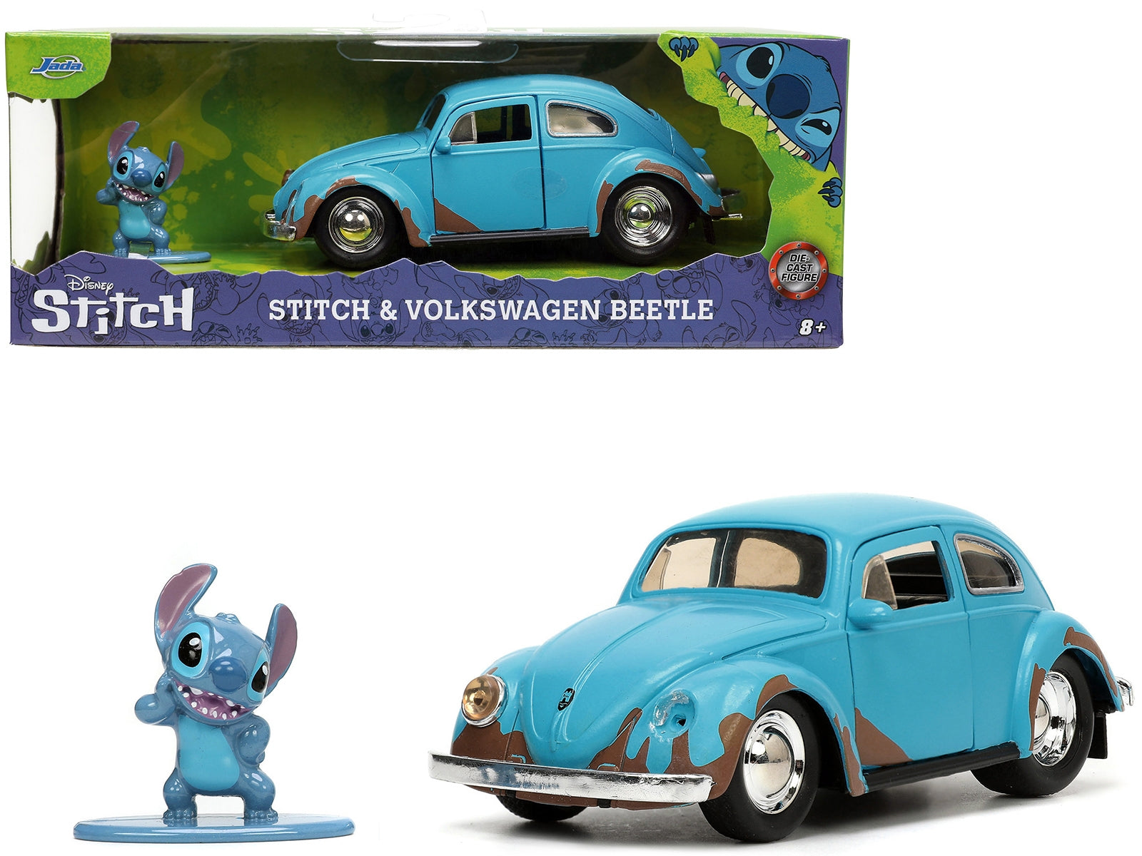 Volkswagen Beetle Matt Blue (Weathered) and Stitch Diecast Figure "Lilo and Stitch" (2002) Movie "Hollywood Rides" Series 1/32 Diecast Model Car by Jada Jada