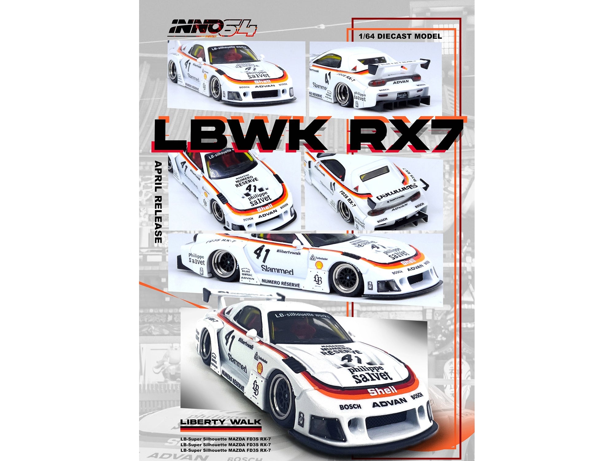 Mazda RX7 (FD3S) LB-Super-Silhouette RHD (Right Hand Drive) #41 White with Stripes and Graphics 1/64 Diecast Model Car by Inno Models Inno Models