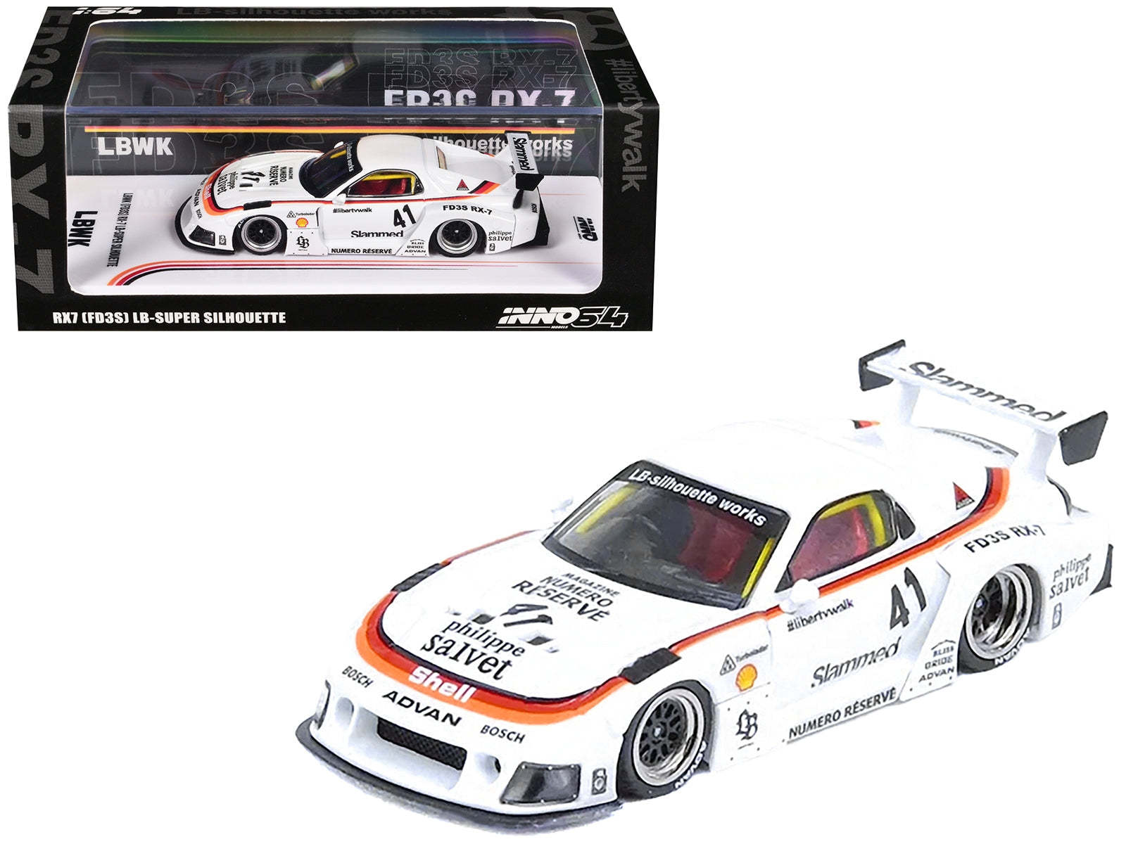 Mazda RX7 (FD3S) LB-Super-Silhouette RHD (Right Hand Drive) #41 White with Stripes and Graphics 1/64 Diecast Model Car by Inno Models Inno Models