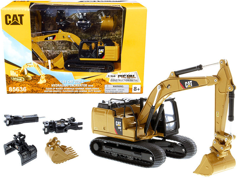 CAT Caterpillar 320F L Hydraulic Tracked Excavator with 5 Work Tools "Play & Collect!" 1/64 Diecast Model by Diecast Masters Diecast Masters