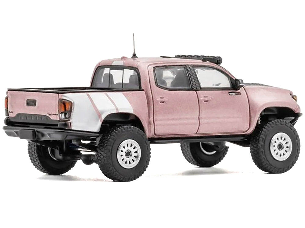 2022 Toyota Tacoma TRD PRO Pickup Truck Pink Metallic with White Stripes and Carbon Hood 1/64 Diecast Model Car by GCD GCD