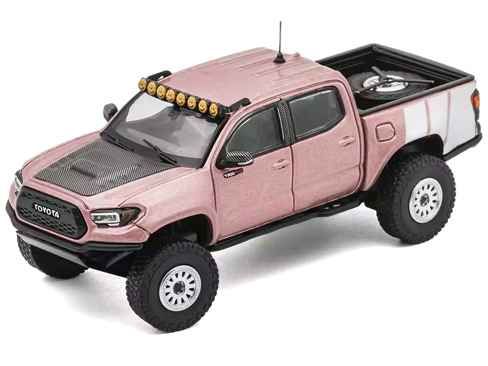 2022 Toyota Tacoma TRD PRO Pickup Truck Pink Metallic with White Stripes and Carbon Hood 1/64 Diecast Model Car by GCD GCD