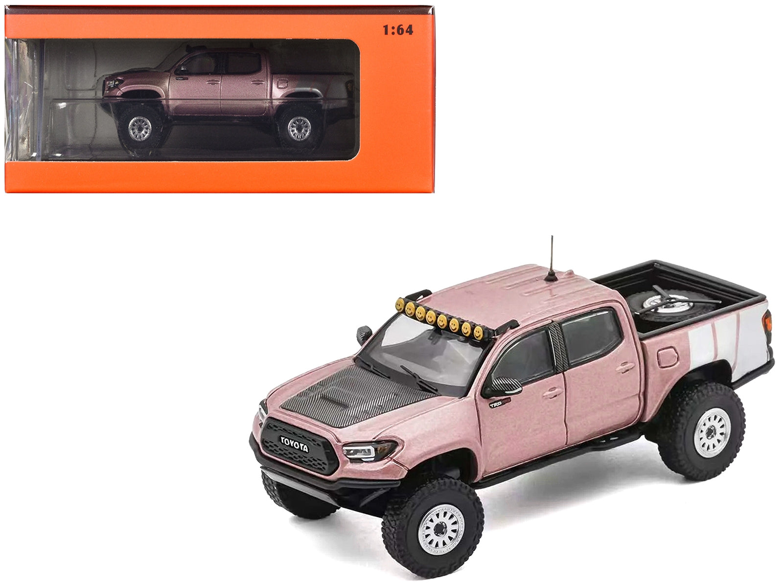 2022 Toyota Tacoma TRD PRO Pickup Truck Pink Metallic with White Stripes and Carbon Hood 1/64 Diecast Model Car by GCD GCD