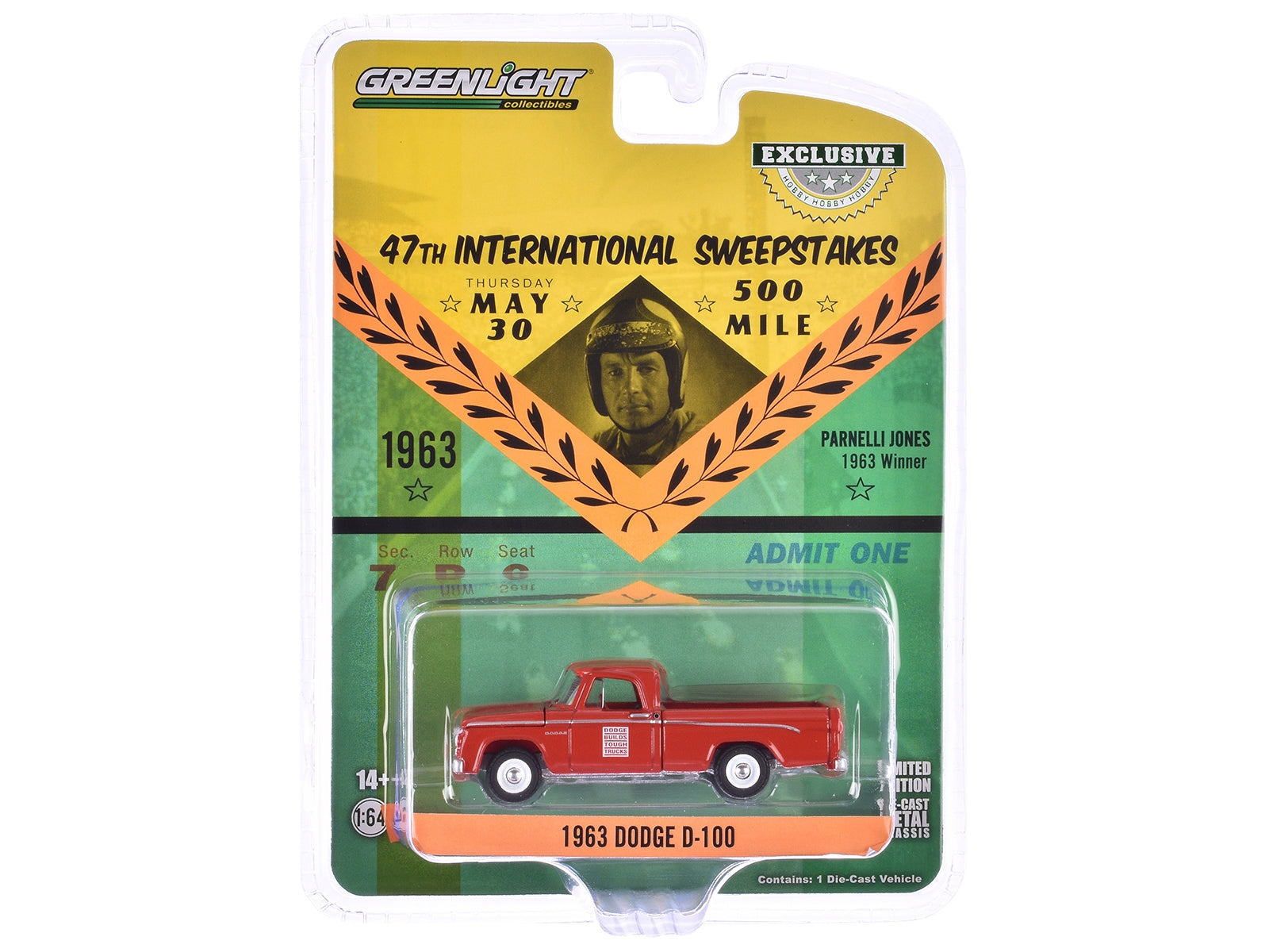 1963 Dodge D-100 Pickup Truck "47th International 500 Mile Sweepstakes - Indianapolis 500 Official Truck" Red "Hobby Exclusive" Series 1/64 Diecast Model Car by Greenlight Greenlight