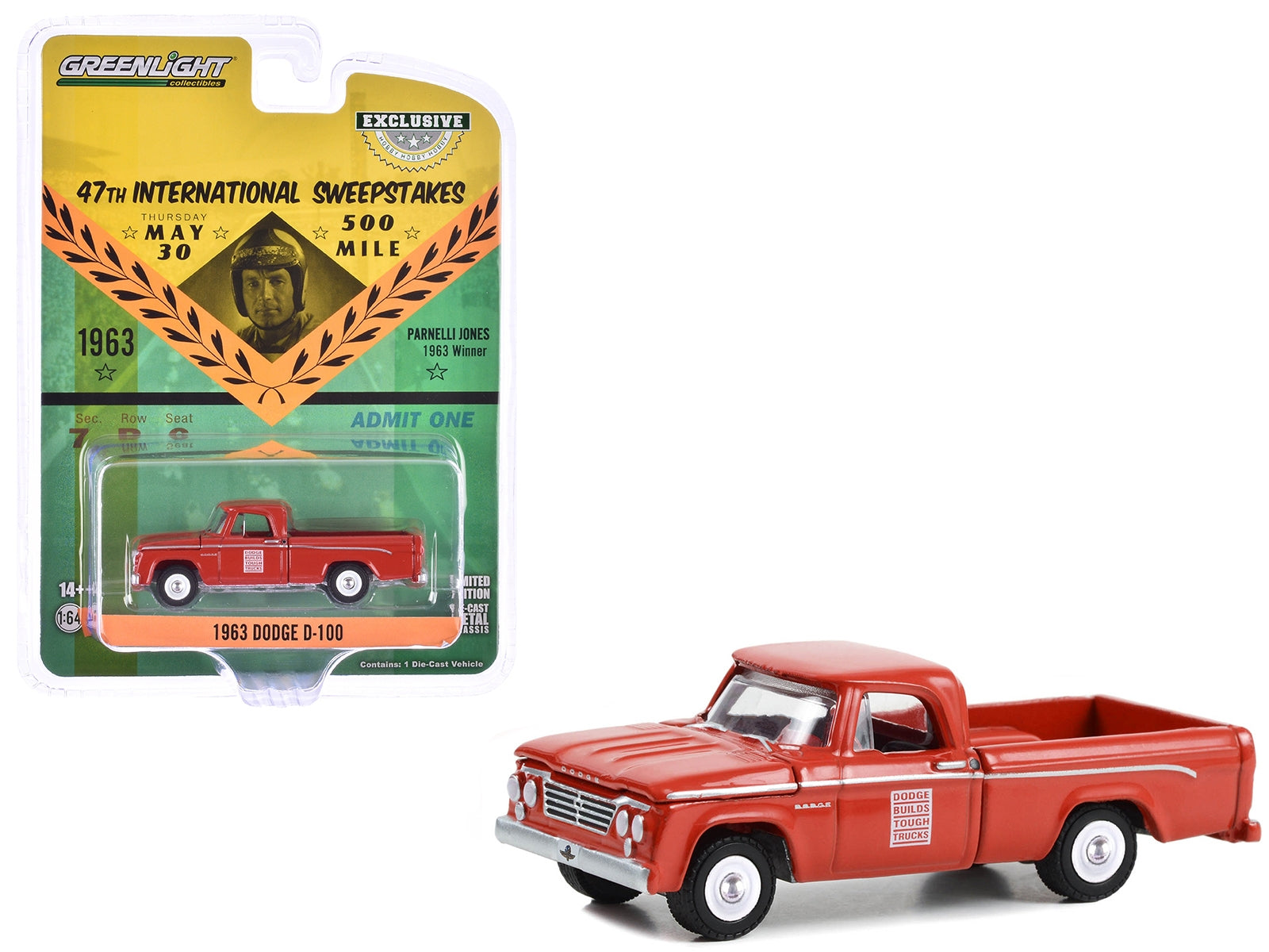 1963 Dodge D-100 Pickup Truck "47th International 500 Mile Sweepstakes - Indianapolis 500 Official Truck" Red "Hobby Exclusive" Series 1/64 Diecast Model Car by Greenlight Greenlight