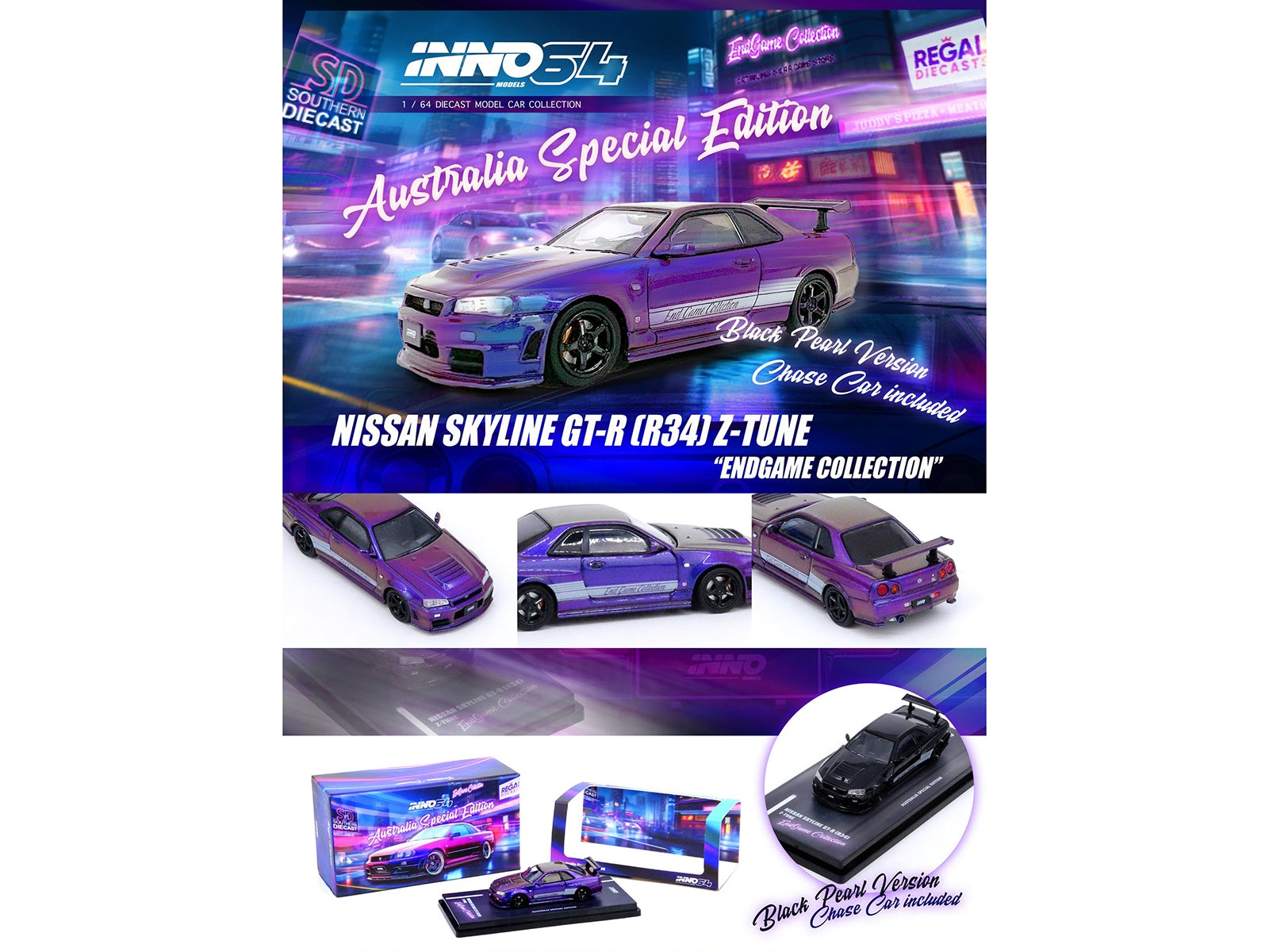 Nissan Skyline GT-R (R34) Z-Tune RHD (Right Hand Drive) Purple Metallic "EndGame Collection - Australia Special Edition" 1/64 Diecast Model Car by Inno Models Inno Models