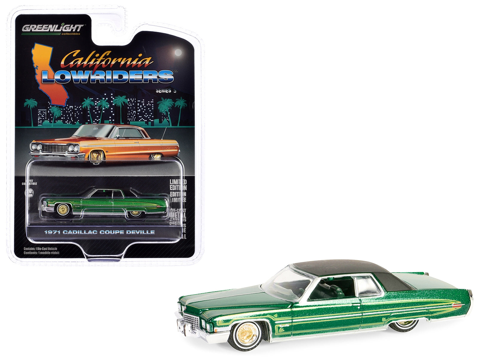 1971 Cadillac Coupe DeVille Lowrider Green Metallic with Black Top and Green Interior "California Lowriders" Series 5 1/64 Diecast Model Car by Greenlight Greenlight