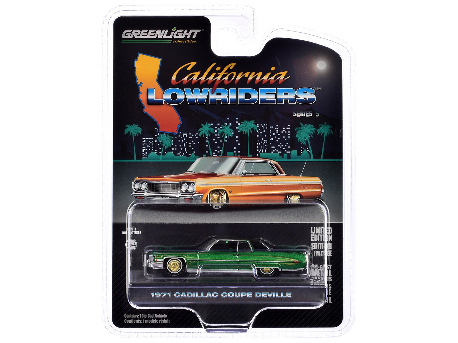 1971 Cadillac Coupe DeVille Lowrider Green Metallic with Black Top and Green Interior "California Lowriders" Series 5 1/64 Diecast Model Car by Greenlight Greenlight