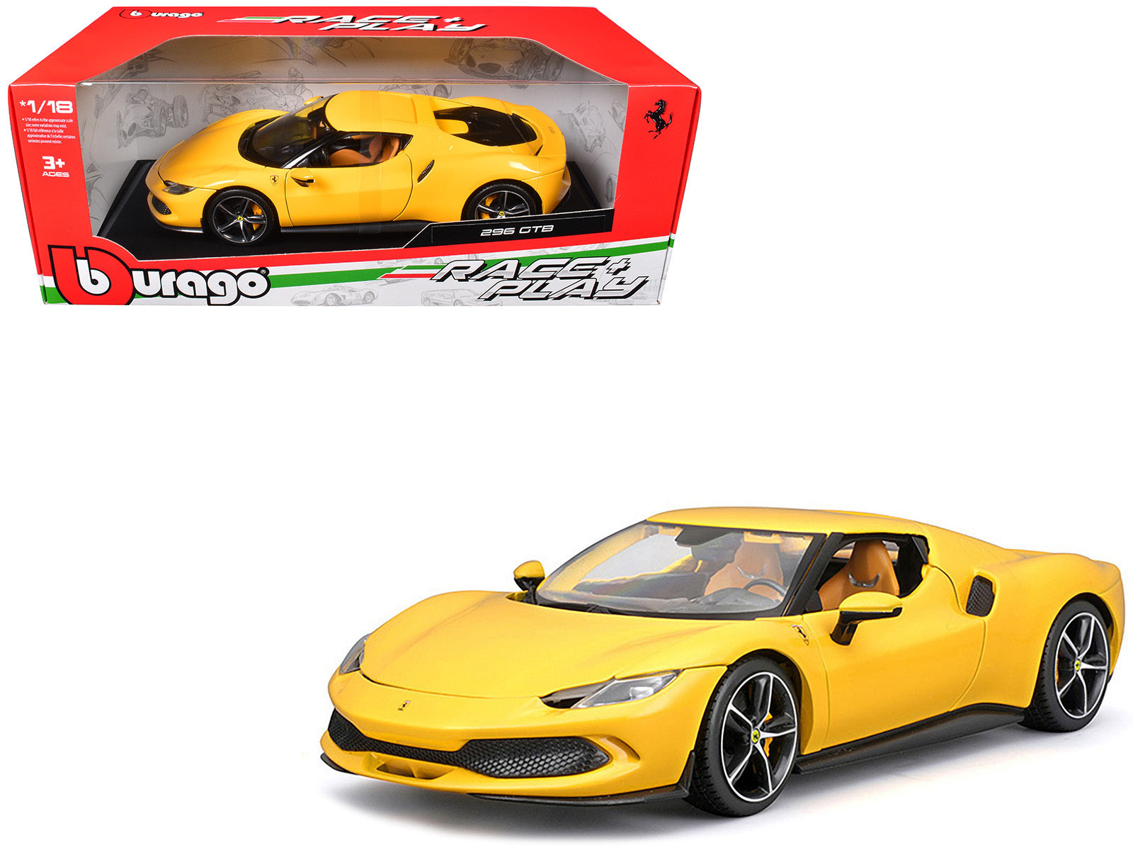 Ferrari 296 GTB Yellow "Race + Play" Series 1/18 Diecast Model Car by Bburago Bburago