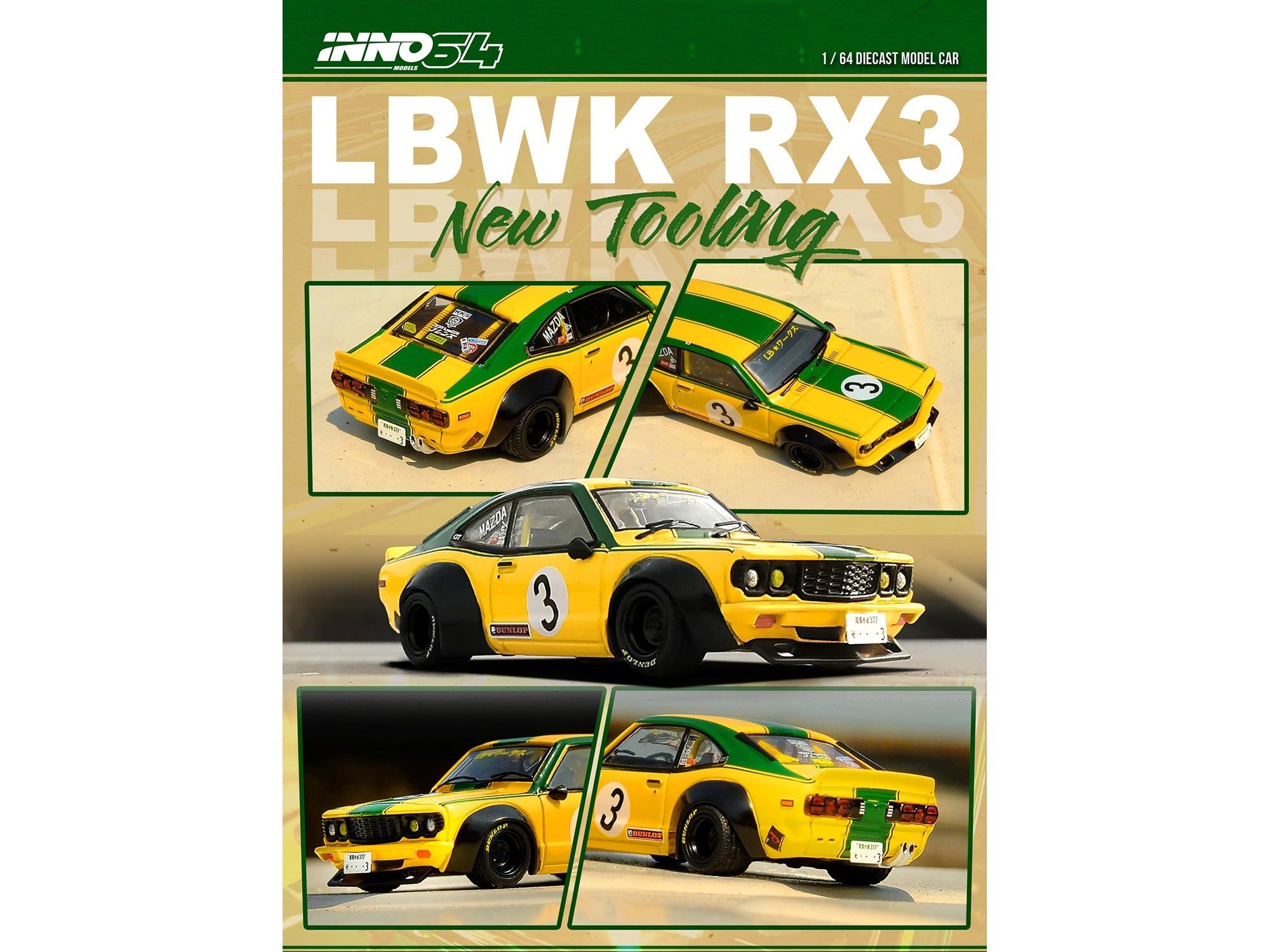 Mazda RX-3 Liberty Walk RHD (Right Hand Drive) #3 "Savanna" Yellow with Green Stripes 1/64 Diecast Model Car by Inno Models Inno Models