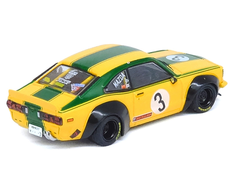 Mazda RX-3 Liberty Walk RHD (Right Hand Drive) #3 "Savanna" Yellow with Green Stripes 1/64 Diecast Model Car by Inno Models Inno Models