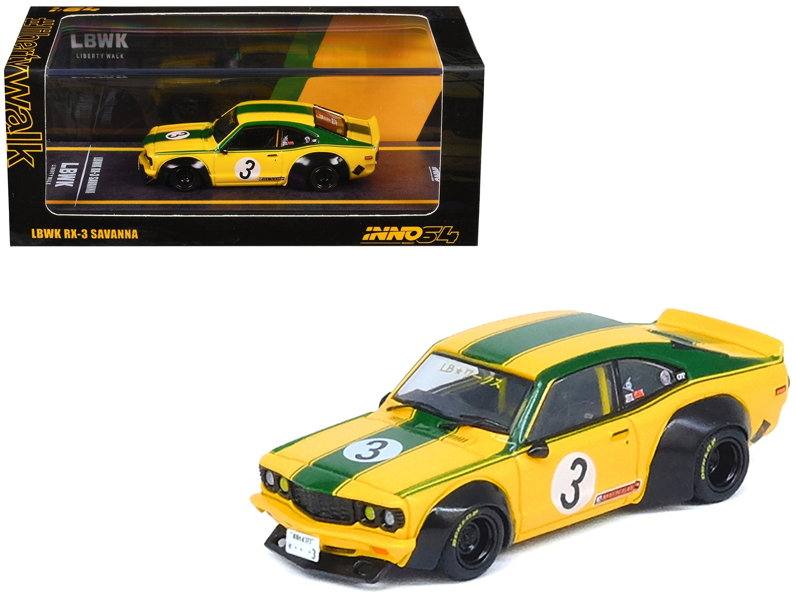 Mazda RX-3 Liberty Walk RHD (Right Hand Drive) #3 "Savanna" Yellow with Green Stripes 1/64 Diecast Model Car by Inno Models Inno Models