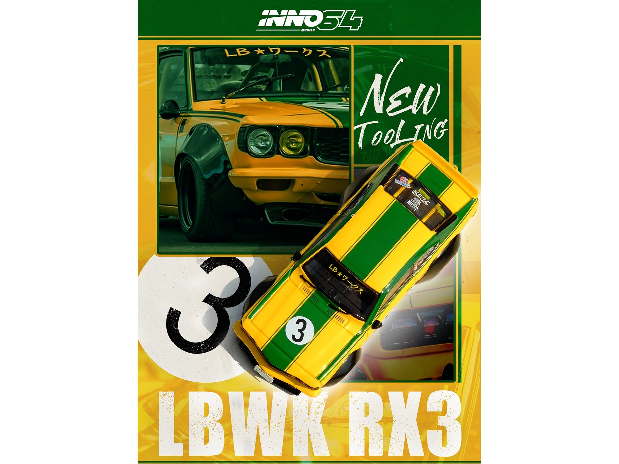 Mazda RX-3 Liberty Walk RHD (Right Hand Drive) #3 "Savanna" Yellow with Green Stripes 1/64 Diecast Model Car by Inno Models Inno Models