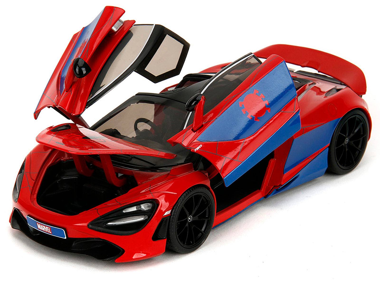 McLaren 720S Red and Blue with Black Top and Graphics and Spider-Man Diecast Figure "Marvel Spider-Man" "Hollywood Rides" Series 1/24 Diecast Model Car by Jada Jada