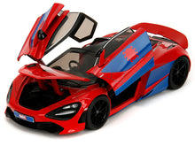 Load image into Gallery viewer, McLaren 720S Red and Blue with Black Top and Graphics and Spider-Man Diecast Figure &quot;Marvel Spider-Man&quot; &quot;Hollywood Rides&quot; Series 1/24 Diecast Model Car by Jada Jada
