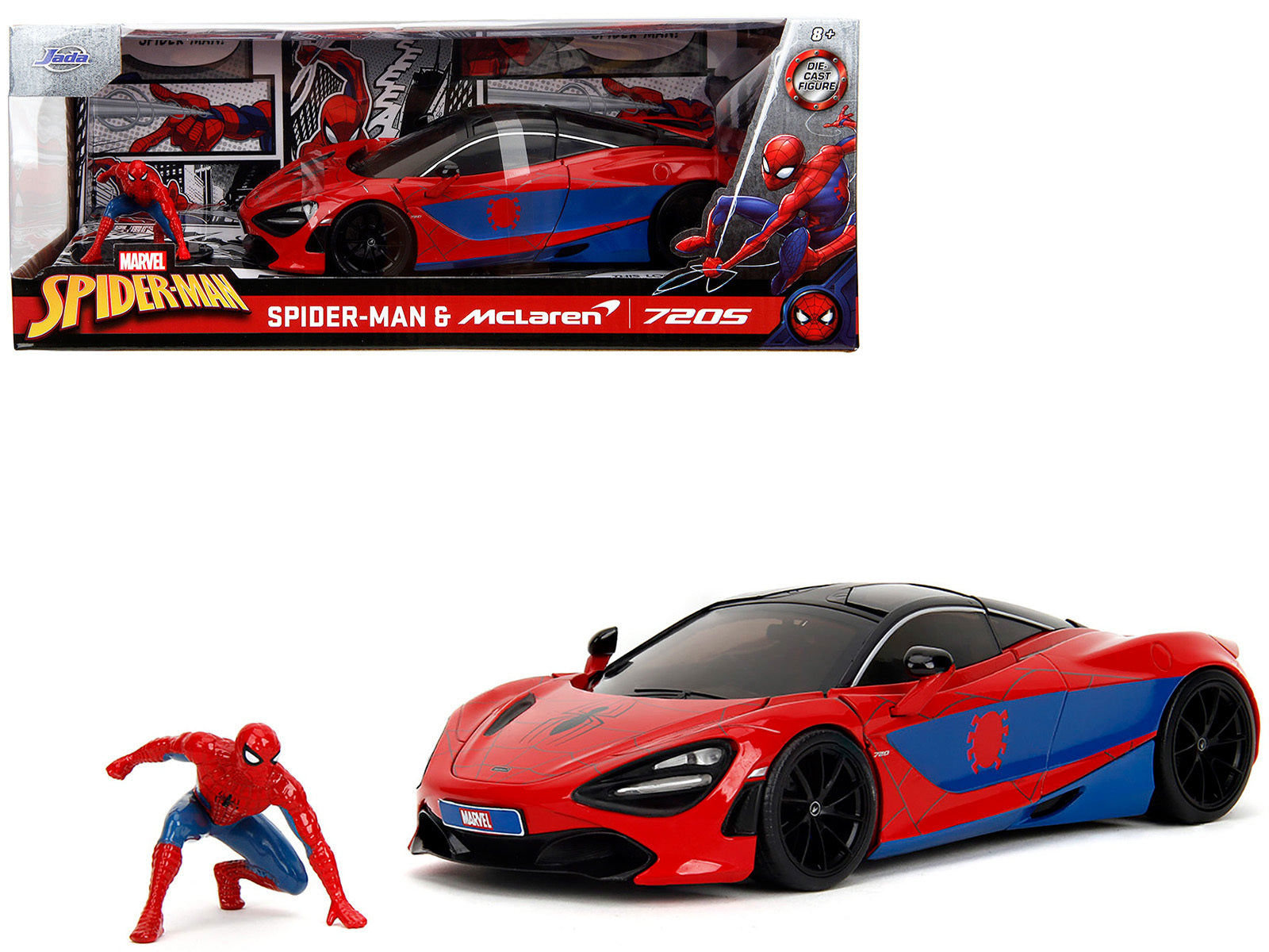 McLaren 720S Red and Blue with Black Top and Graphics and Spider-Man Diecast Figure "Marvel Spider-Man" "Hollywood Rides" Series 1/24 Diecast Model Car by Jada Jada