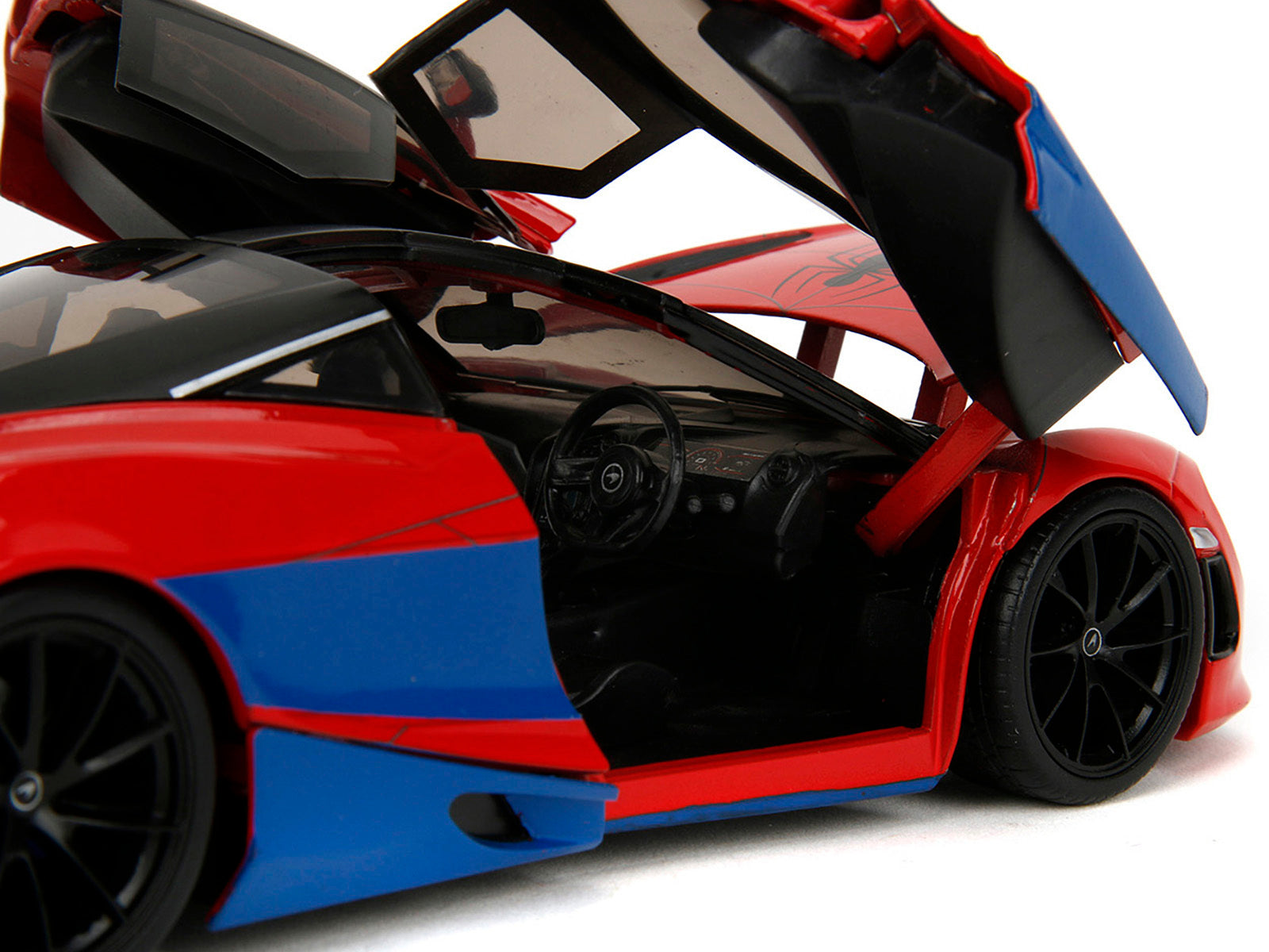 McLaren 720S Red and Blue with Black Top and Graphics and Spider-Man Diecast Figure "Marvel Spider-Man" "Hollywood Rides" Series 1/24 Diecast Model Car by Jada Jada