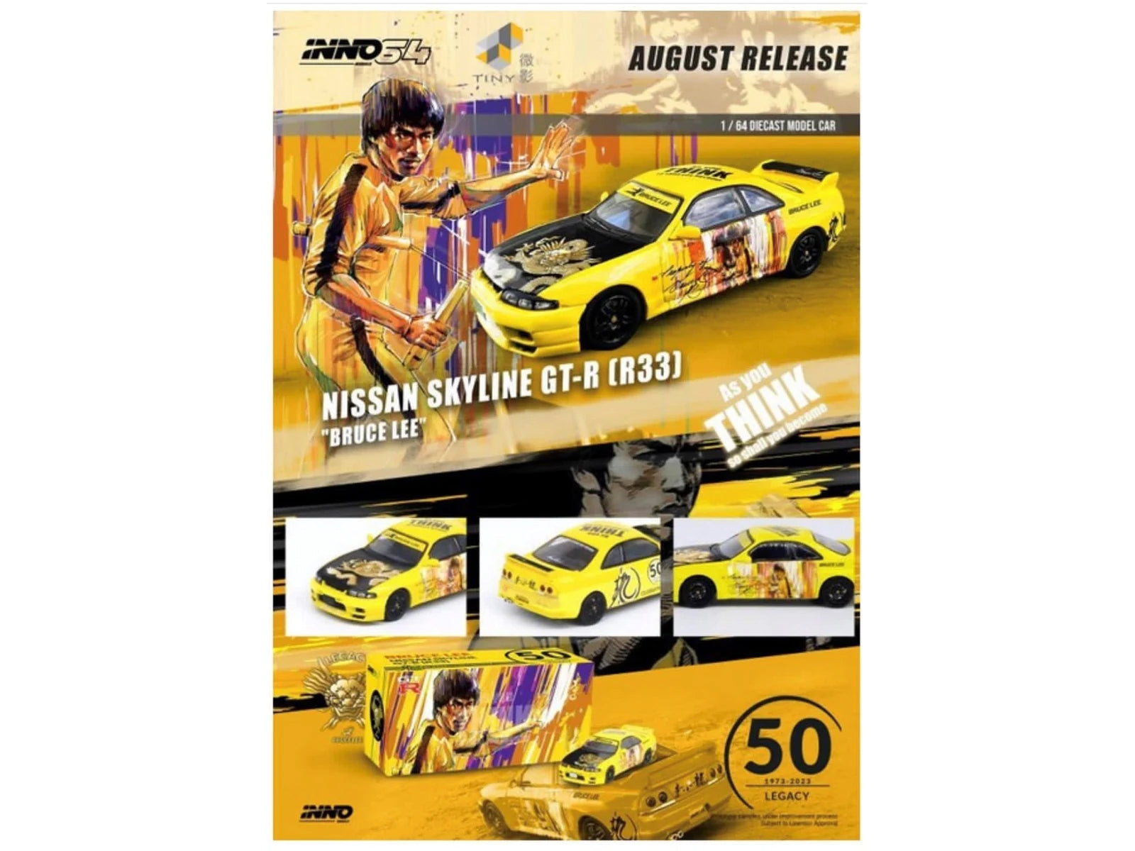 Nissan Skyline GT-R (R33) RHD (Right Hand Drive) Yellow with Black Hood "Bruce Lee Legacy 50 Year Anniversary" 1/64 Diecast Model Car by Inno Models Inno Models