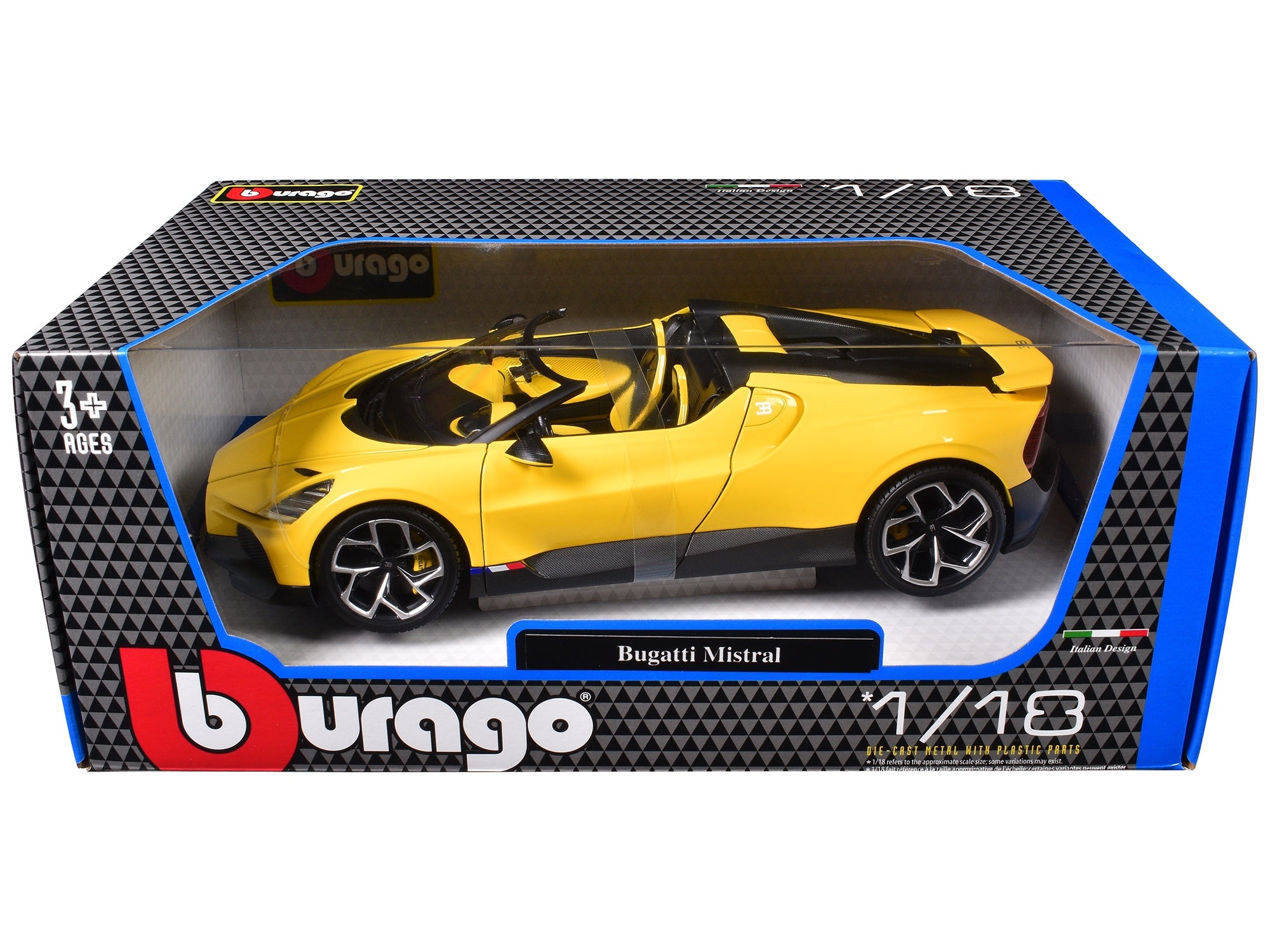 Bugatti Mistral Yellow with Carbon Accents 1/18 Diecast Model Car by Bburago Bburago