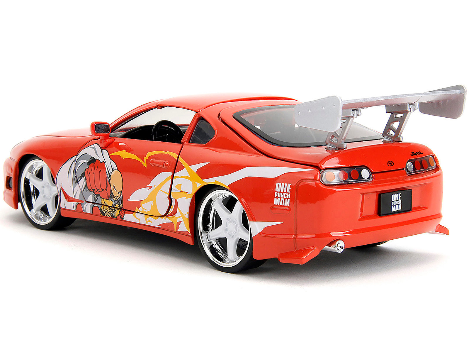 1995 Toyota Supra Red with Graphics and Saitama Diecast Figure "One Punch Man" (2015-2019) TV Series 1/24 Diecast Model by Jada Jada