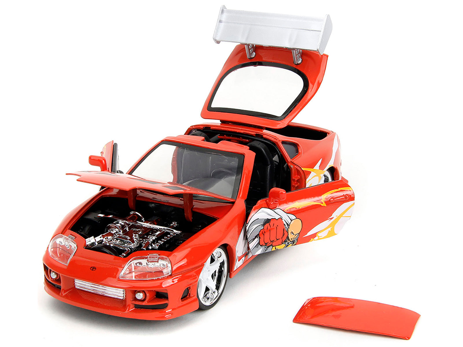 1995 Toyota Supra Red with Graphics and Saitama Diecast Figure "One Punch Man" (2015-2019) TV Series 1/24 Diecast Model by Jada Jada