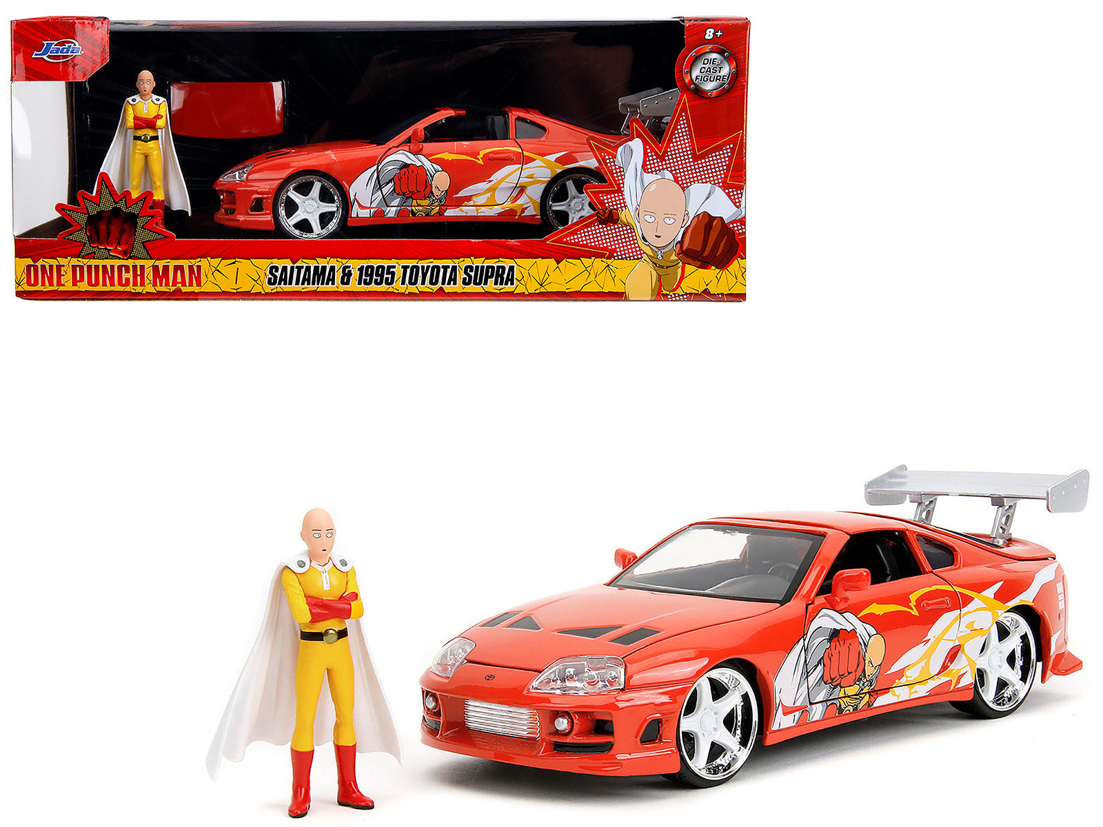 1995 Toyota Supra Red with Graphics and Saitama Diecast Figure "One Punch Man" (2015-2019) TV Series 1/24 Diecast Model by Jada Jada