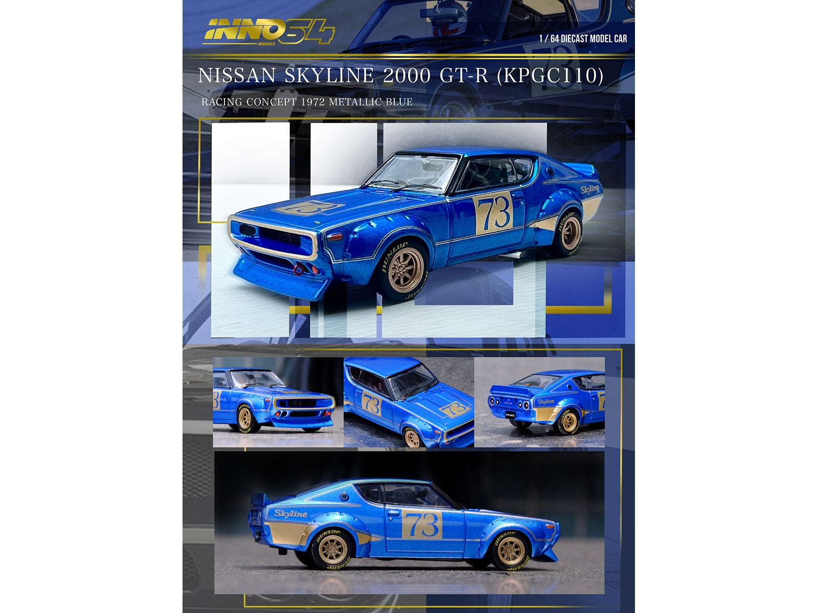 Nissan Skyline 2000 GT-R (KPGC110) RHD (Right Hand Drive) #73 Blue Metallic "Racing Concept" 1/64 Diecast Model Car by Inno Models Inno Models